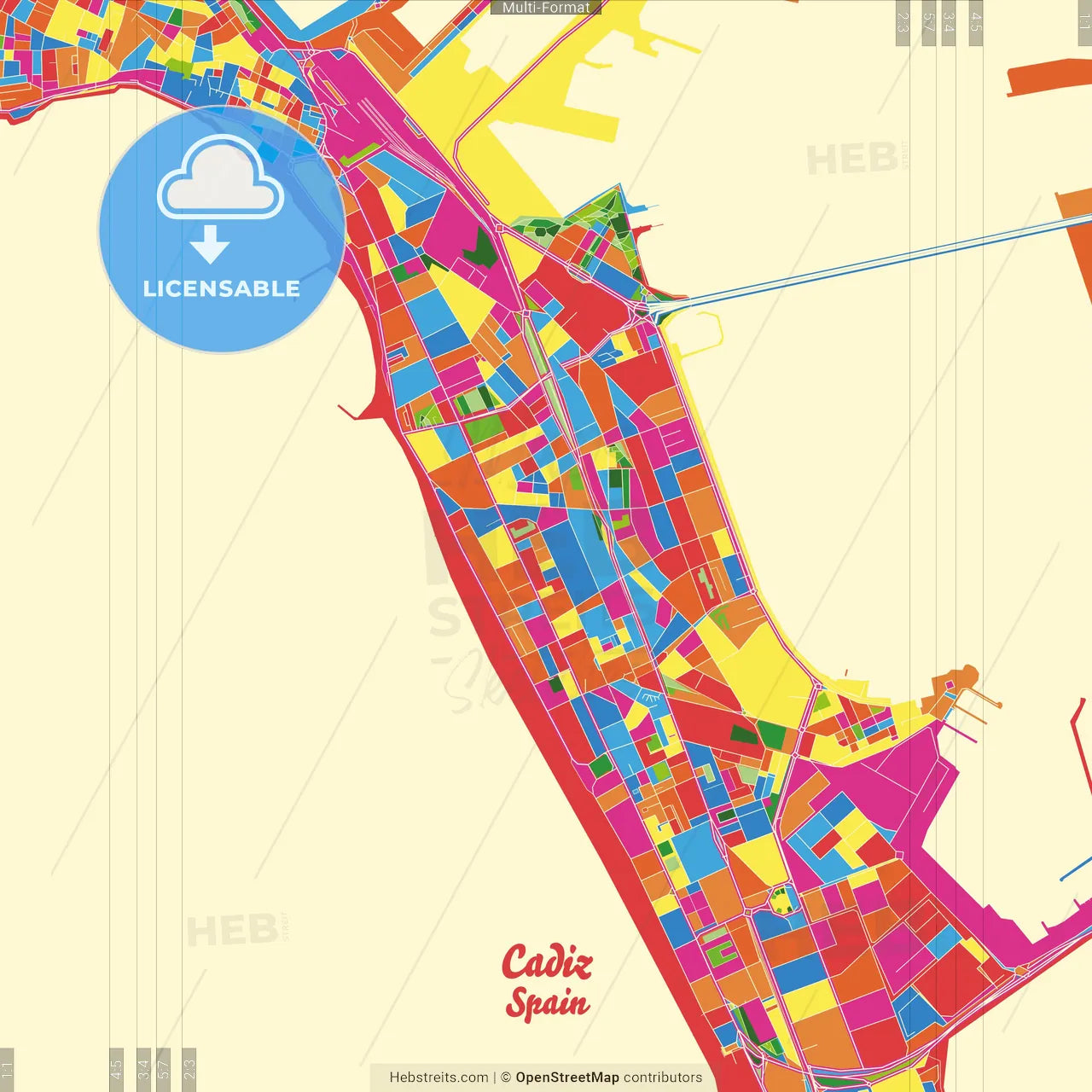 Cadiz, Spain Crazy Colorful Street Map Poster Template