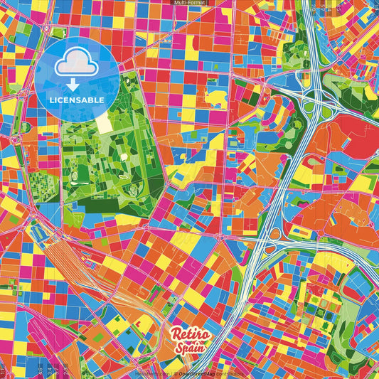 Retiro, Madrid, Spain Crazy Colorful Street Map Poster Template