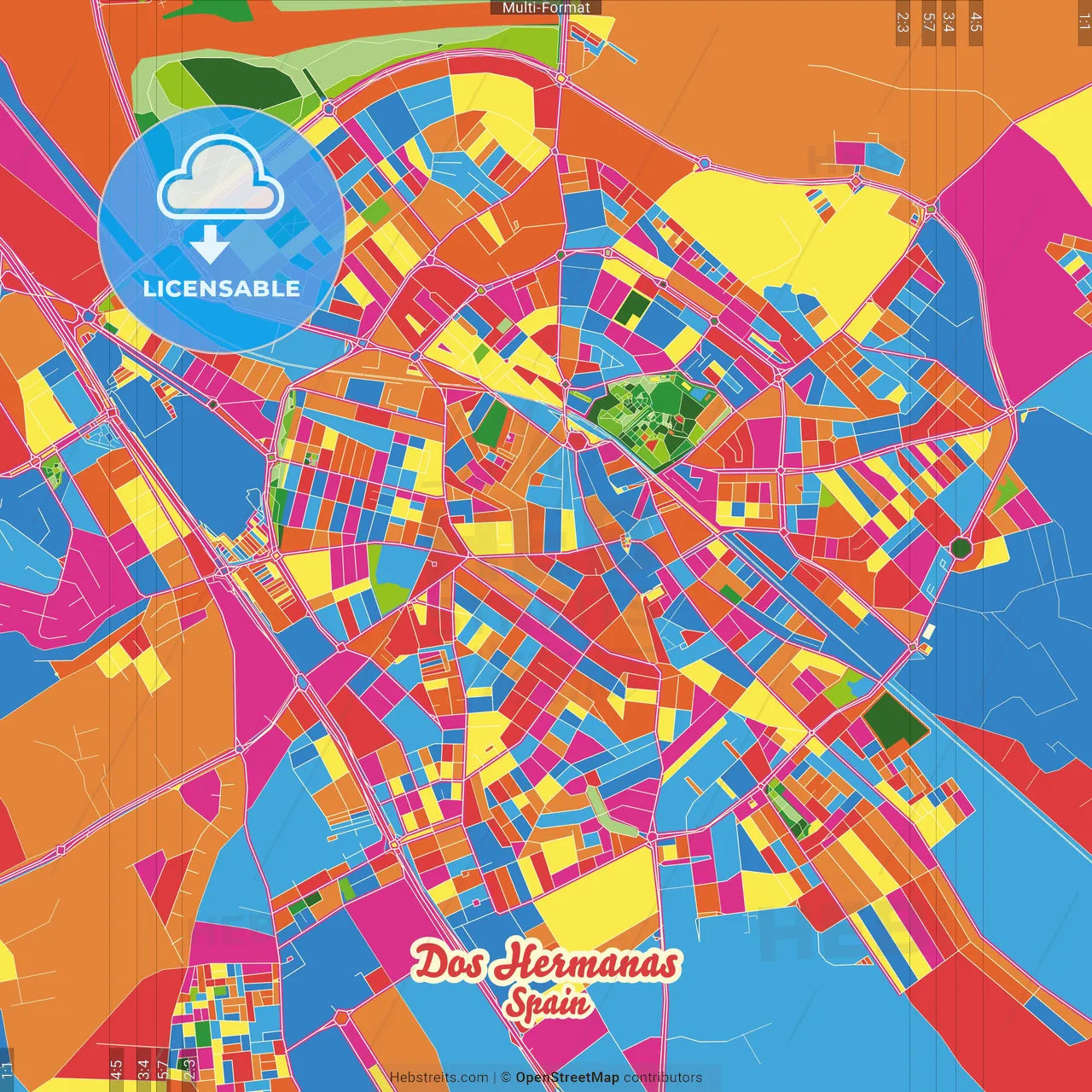 Dos Hermanas, Seville, Spain Crazy Colorful Street Map Poster Template