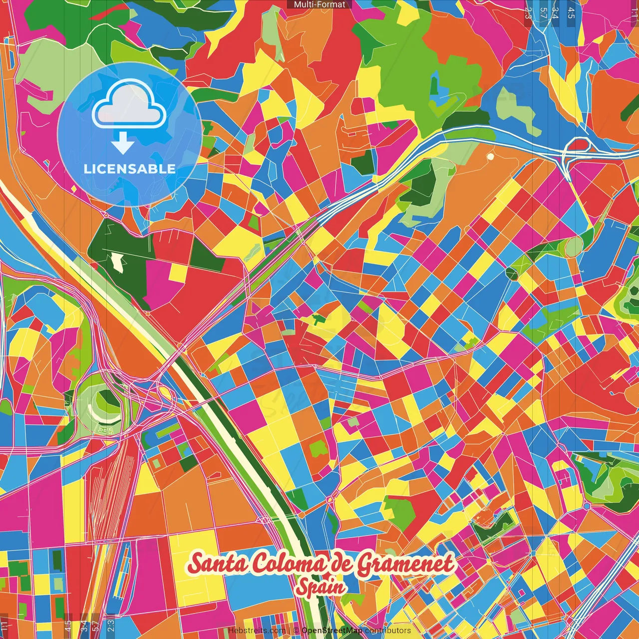 Santa Coloma de Gramenet, Barcelona, Spain Crazy Colorful Street Map Poster Template