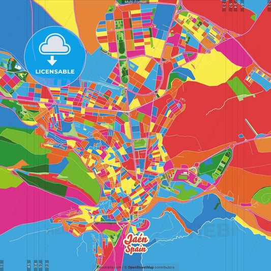 Jaén, Spain Crazy Colorful Street Map Poster Template