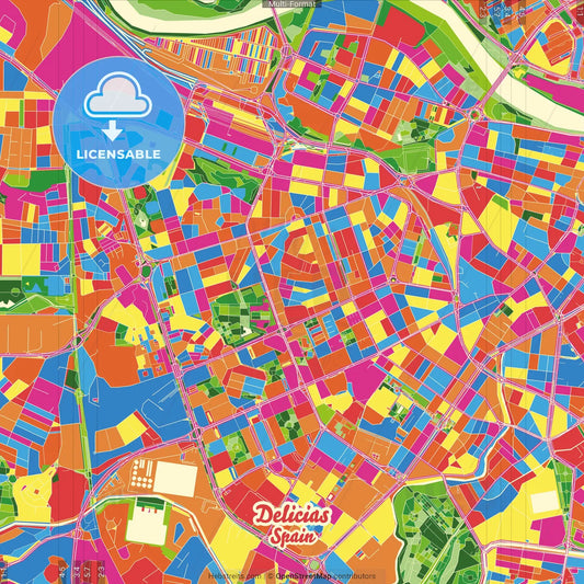 Delicias, Zaragoza, Spain Crazy Colorful Street Map Poster Template