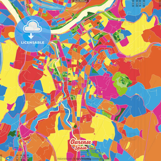 Ourense, Province of Ourense, Spain Crazy Colorful Street Map Poster Template