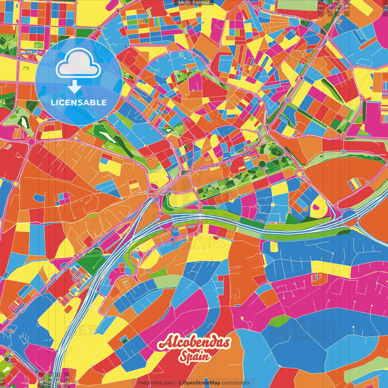 Alcobendas, Madrid, Spain Crazy Colorful Street Map Poster Template