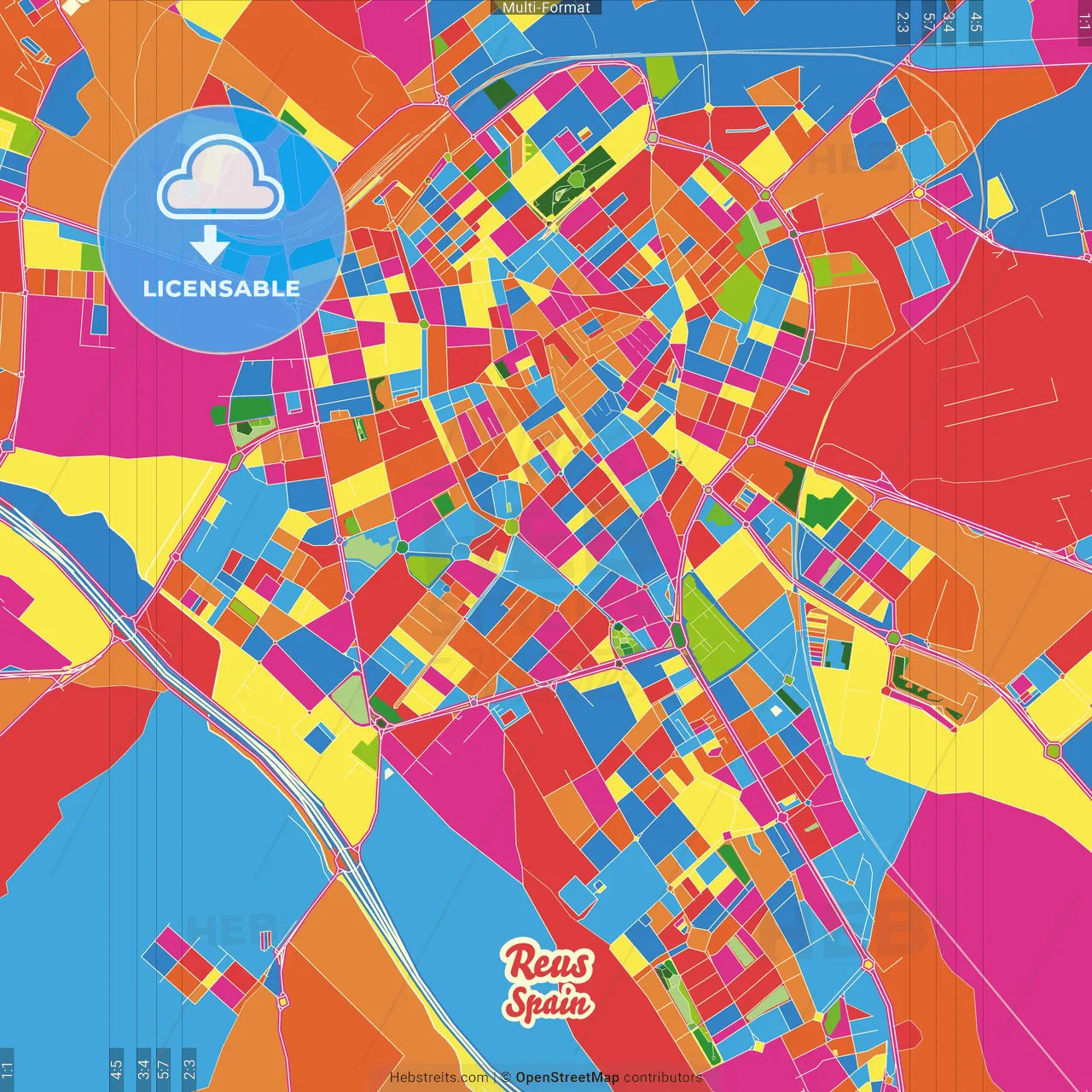 Reus, Tarragona, Spain Crazy Colorful Street Map Poster Template