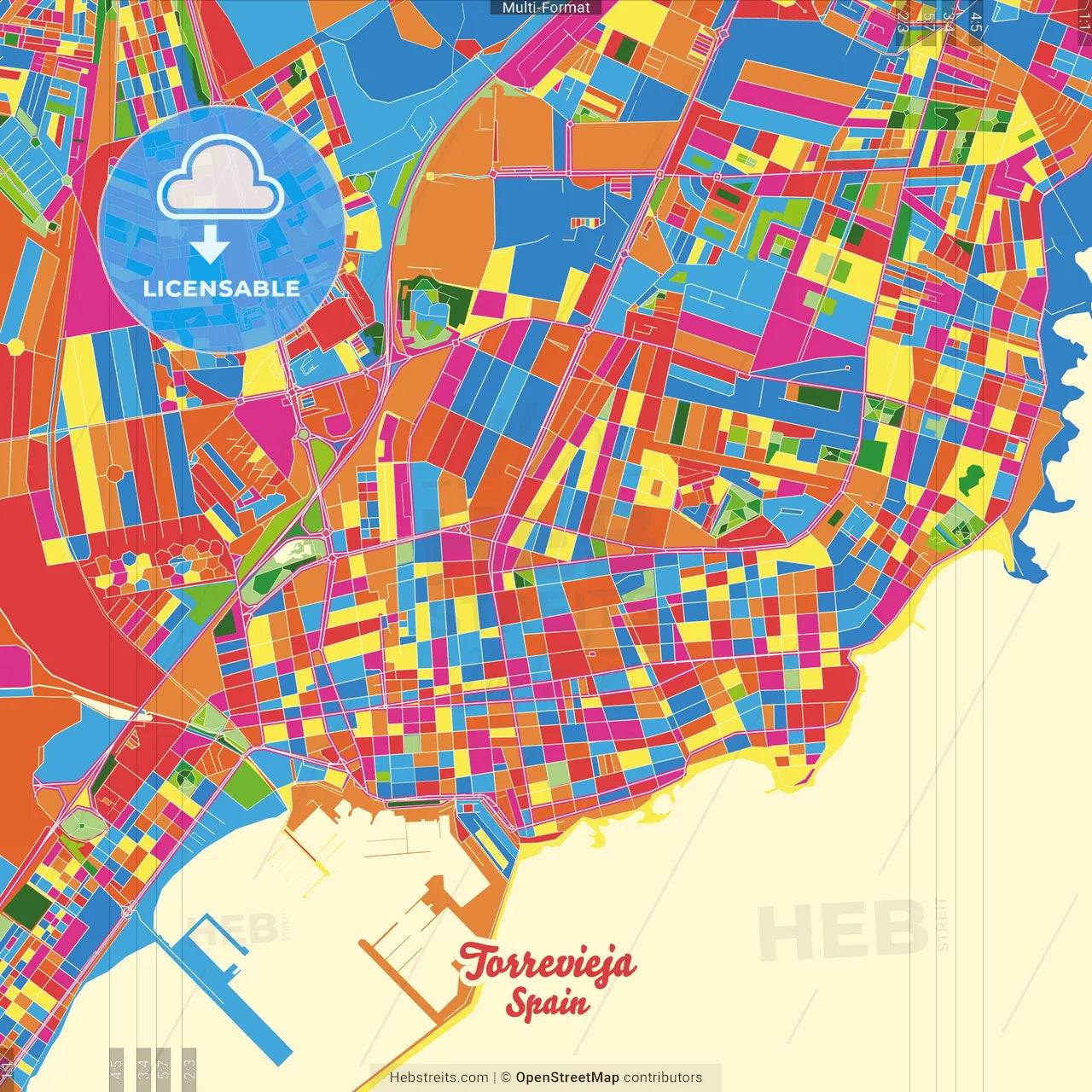Torrevieja, Alicante, Spain Crazy Colorful Street Map Poster Template