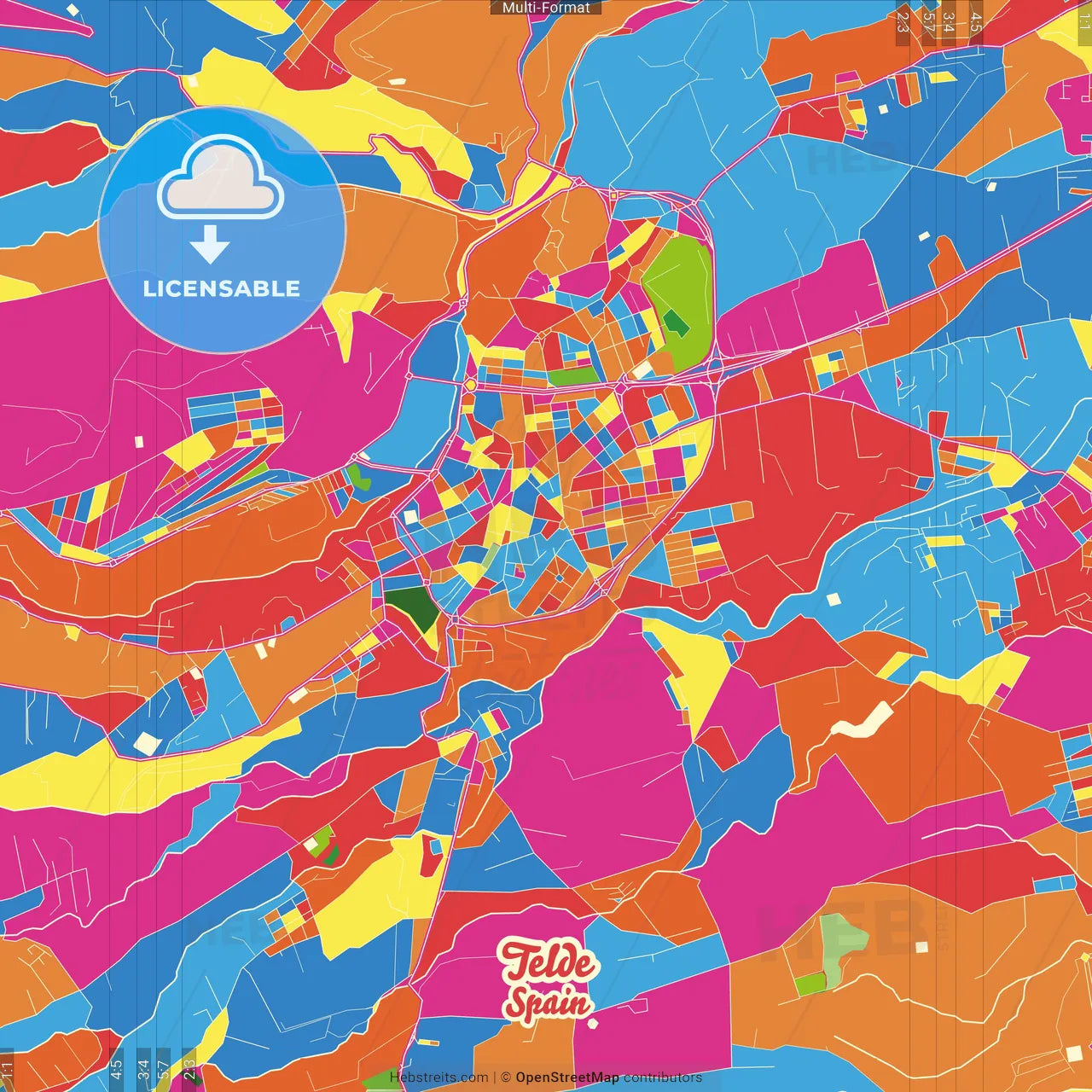 Telde, Las Palmas, Spain Crazy Colorful Street Map Poster Template