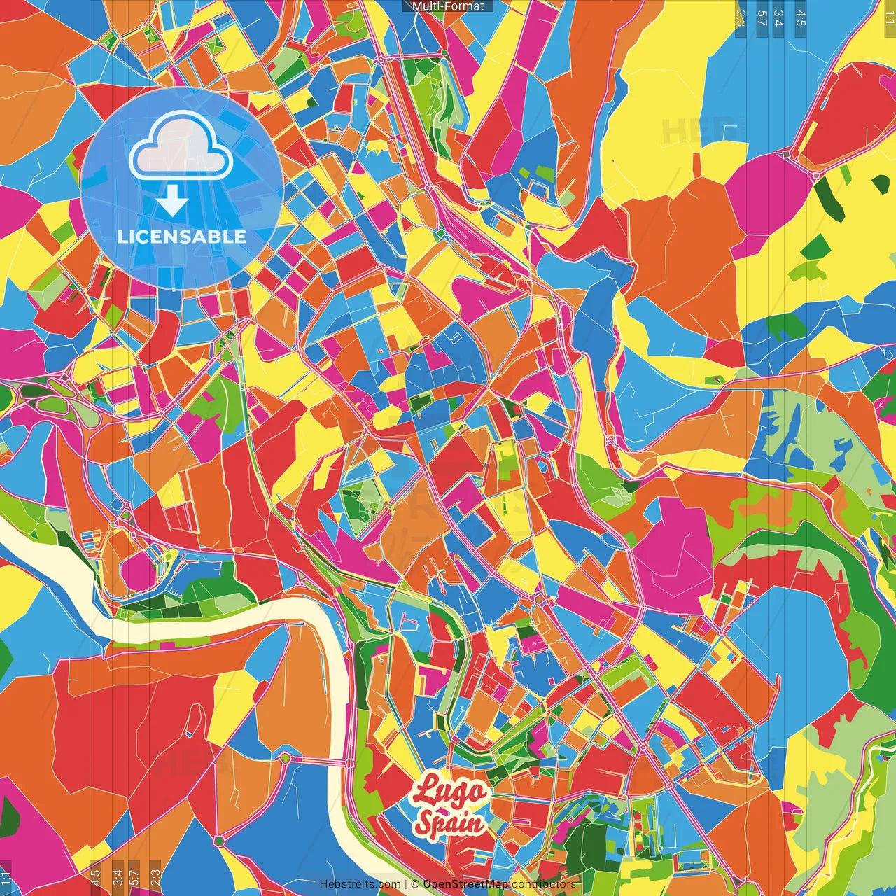 Lugo, Spain Crazy Colorful Street Map Poster Template