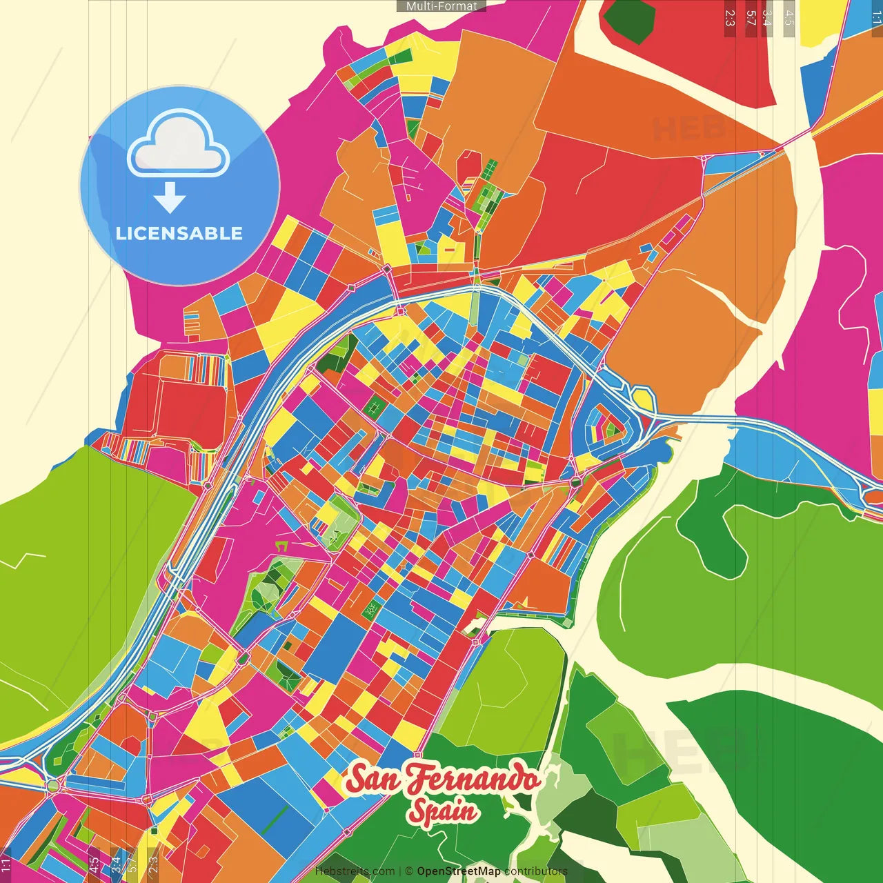 San Fernando, Cádiz, Spain Crazy Colorful Street Map Poster Template