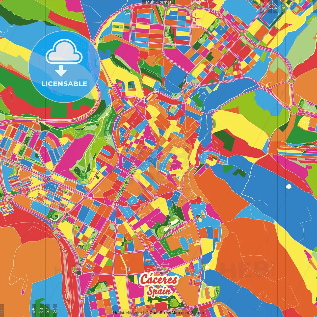 Cáceres, Cáceres, Spain Crazy Colorful Street Map Poster Template