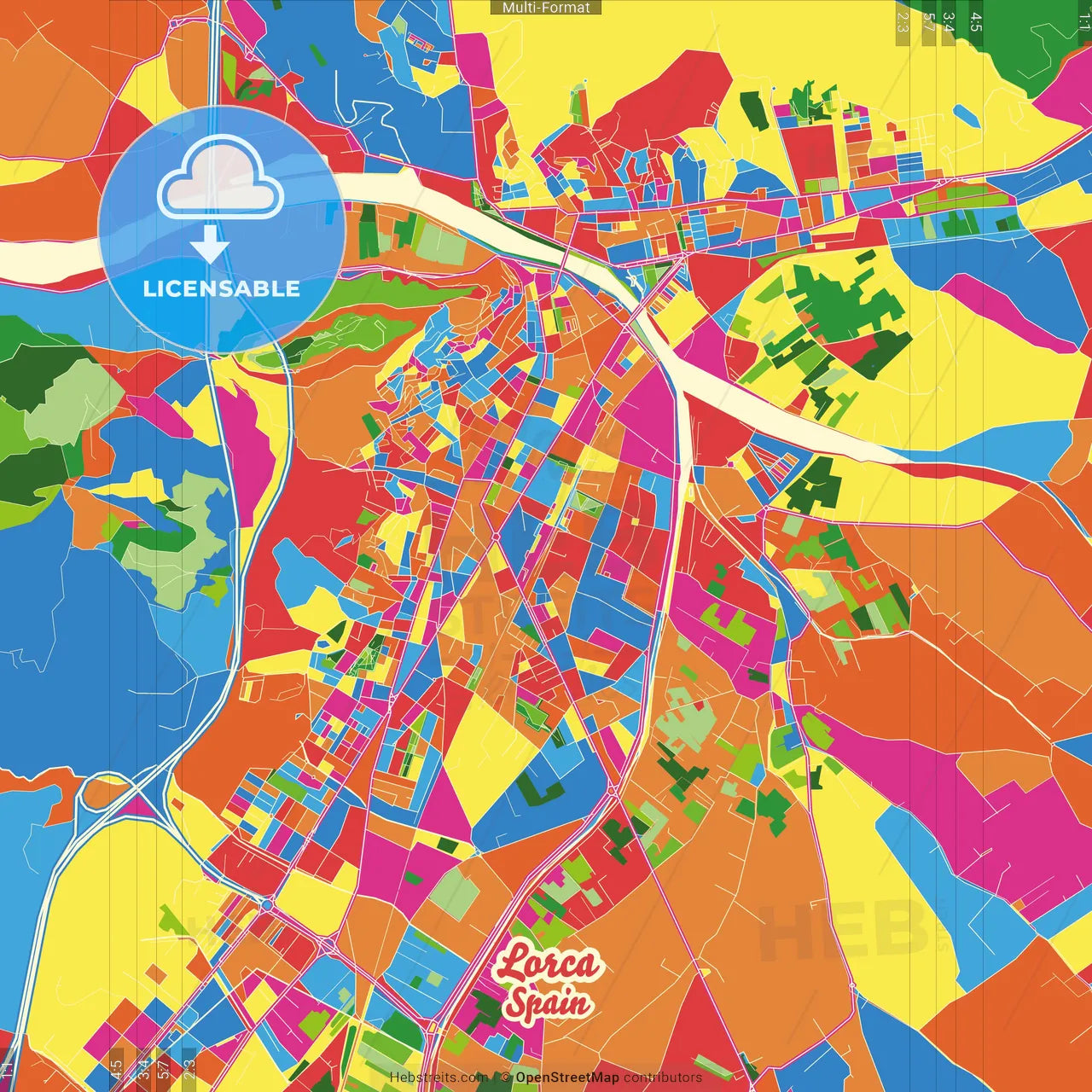 Lorca, Murcia, Spain Crazy Colorful Street Map Poster Template