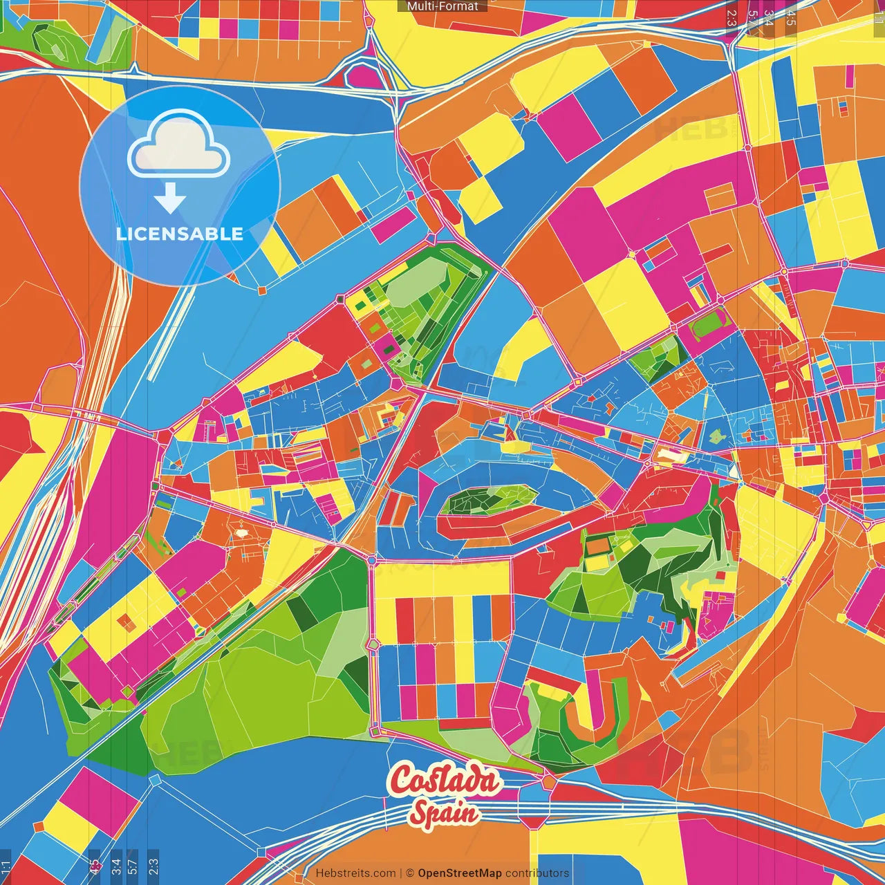 Coslada, Madrid, Spain Crazy Colorful Street Map Poster Template