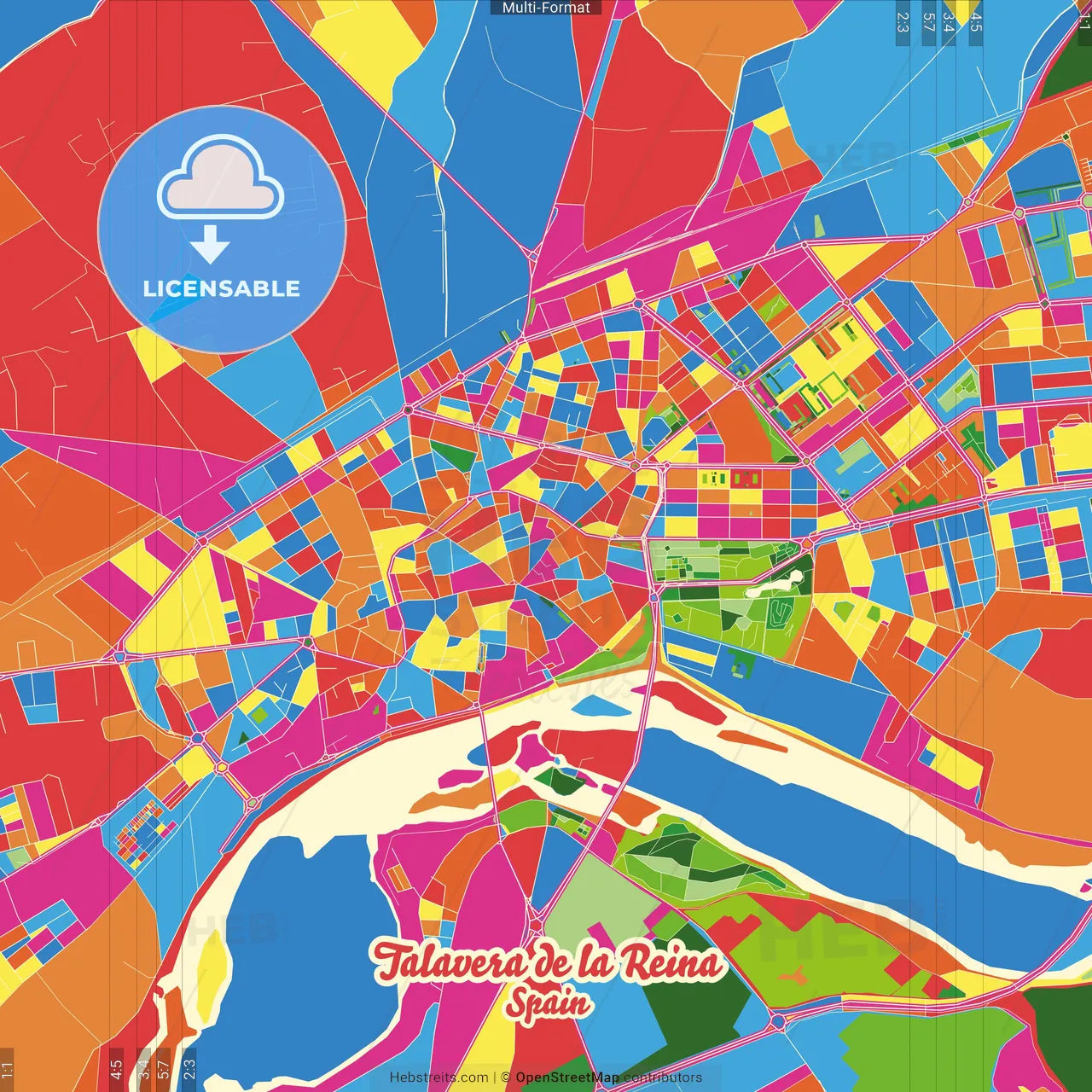 Talavera de la Reina, Toledo, Spain Crazy Colorful Street Map Poster Template