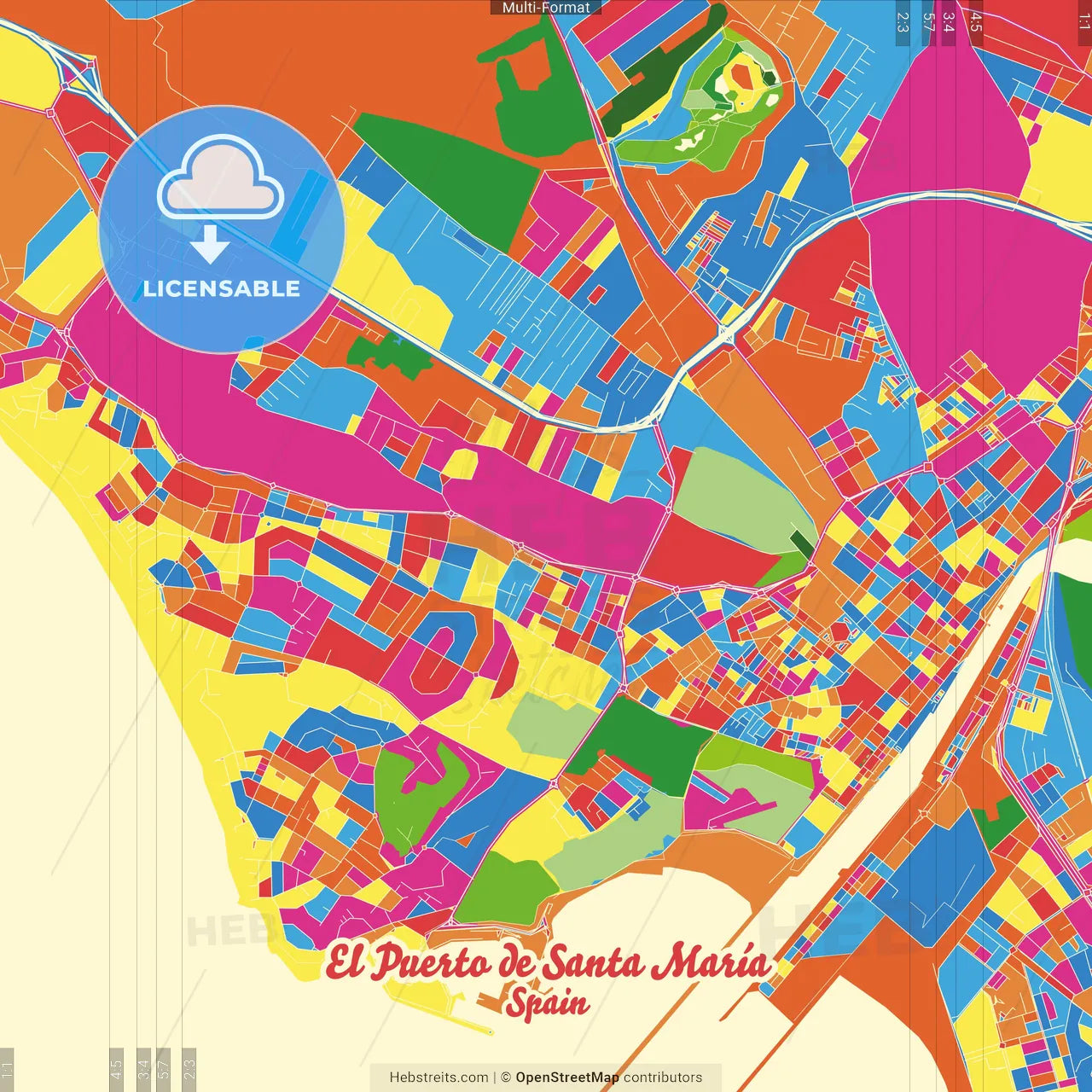 El Puerto de Santa María, 11500, Spain Crazy Colorful Street Map Poster Template