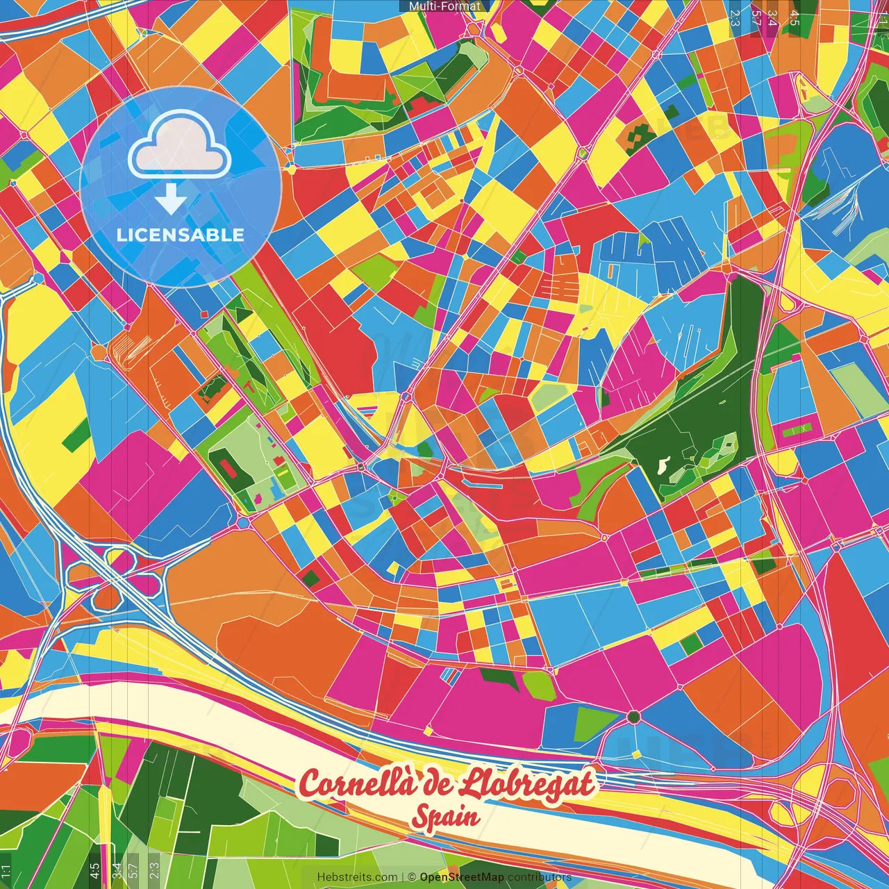 Cornellà de Llobregat, Barcelona, Spain Crazy Colorful Street Map Poster Template