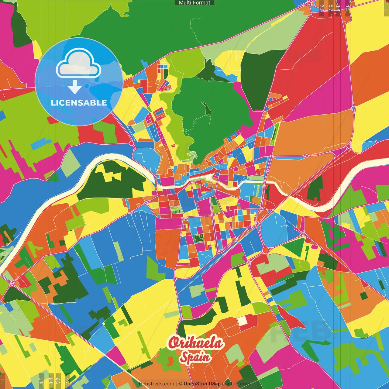 Orihuela, Alicante, Spain Crazy Colorful Street Map Poster Template