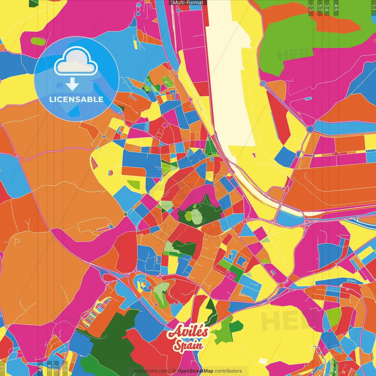 Avilés, Asturias, Spain Crazy Colorful Street Map Poster Template