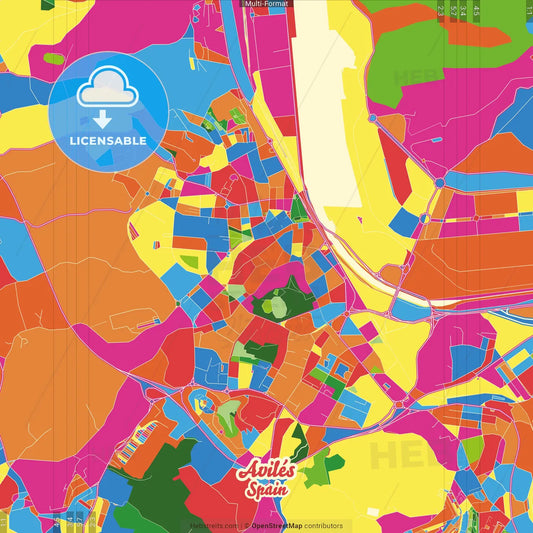 Avilés, Asturias, Spain Crazy Colorful Street Map Poster Template