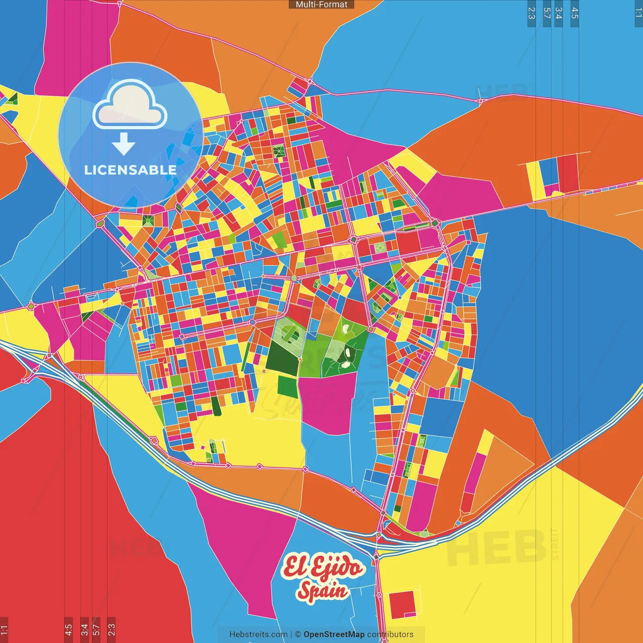 El Ejido, Almería, Spain Crazy Colorful Street Map Poster Template