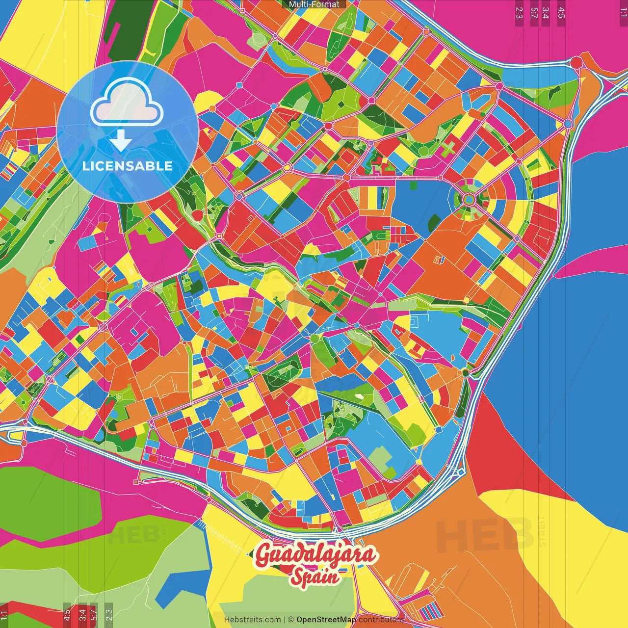Guadalajara, Spain Crazy Colorful Street Map Poster Template