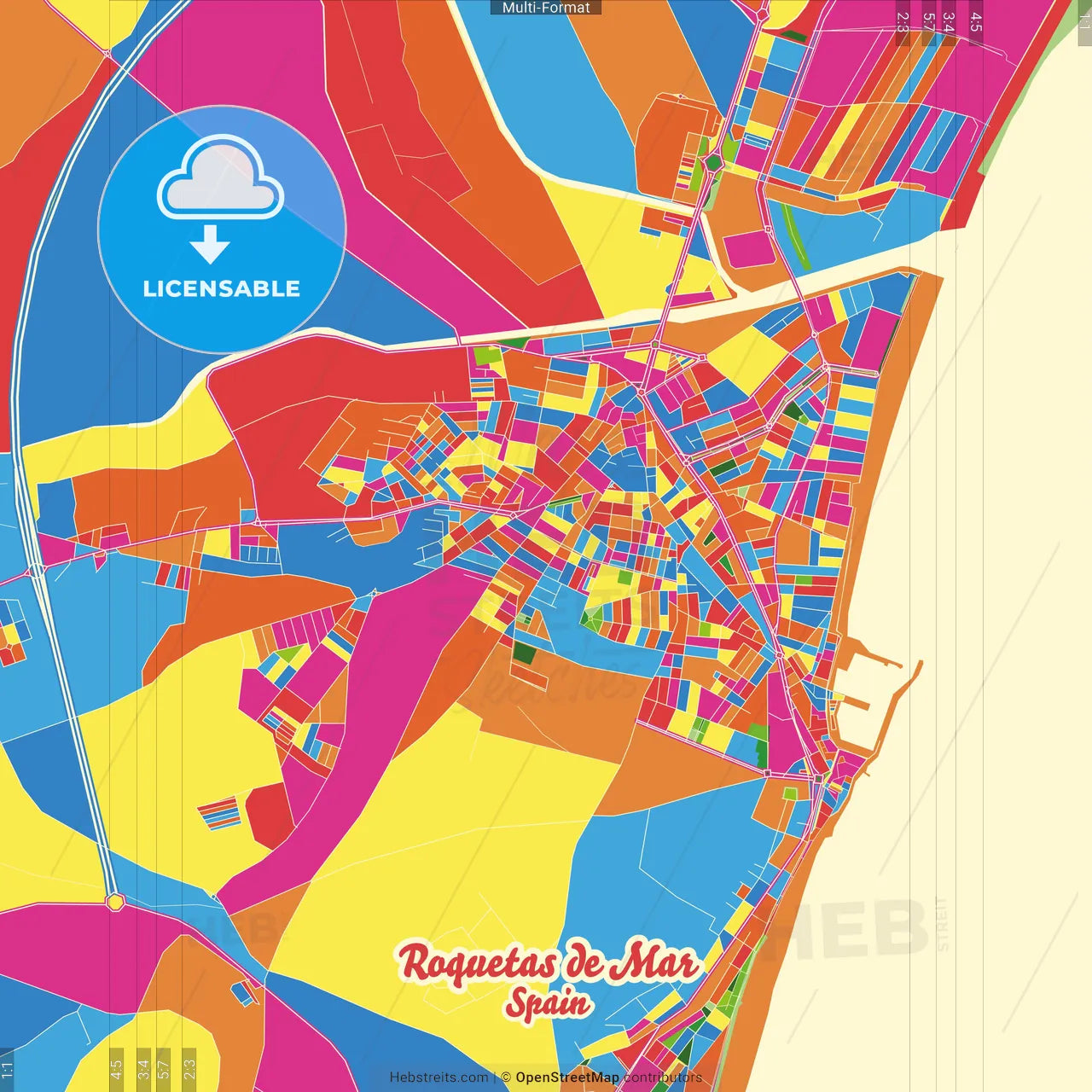 Roquetas de Mar, Almería, Spain Crazy Colorful Street Map Poster Template