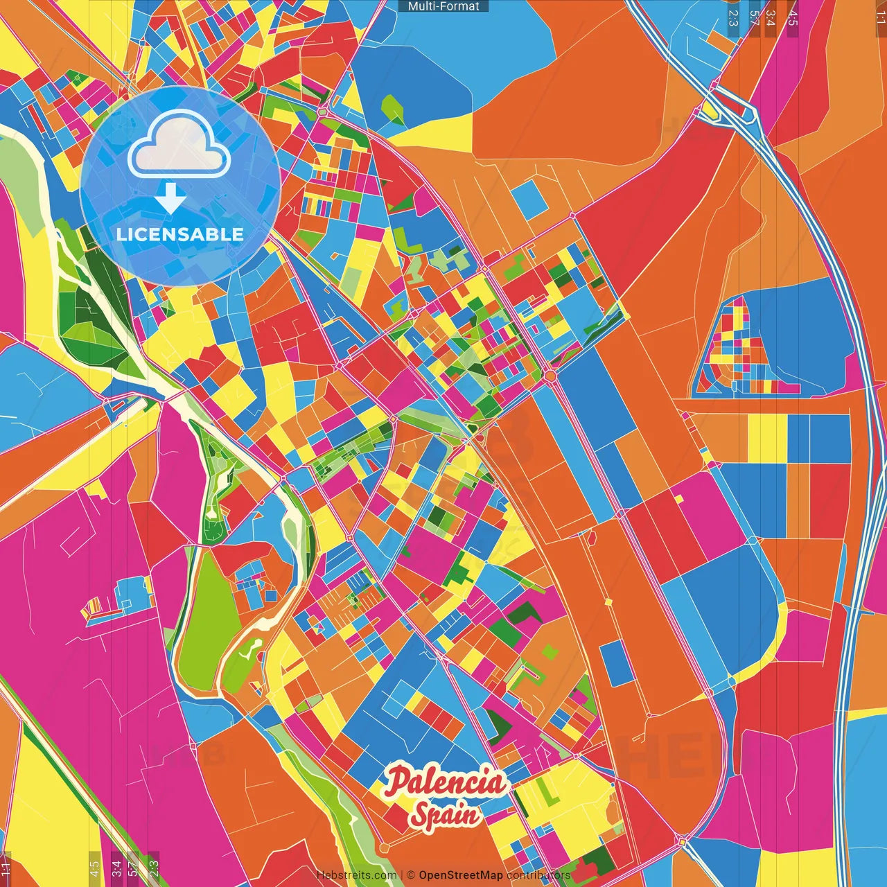 Palencia, Spain Crazy Colorful Street Map Poster Template