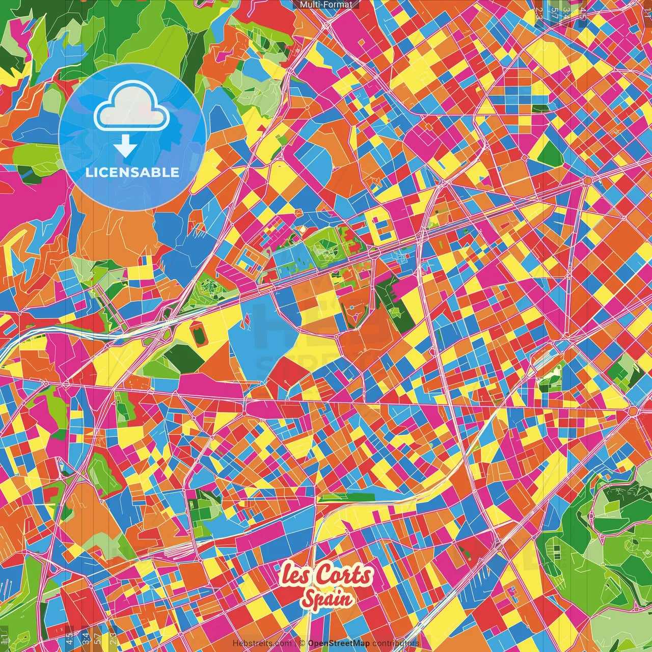 les Corts, Barcelona, Spain Crazy Colorful Street Map Poster Template