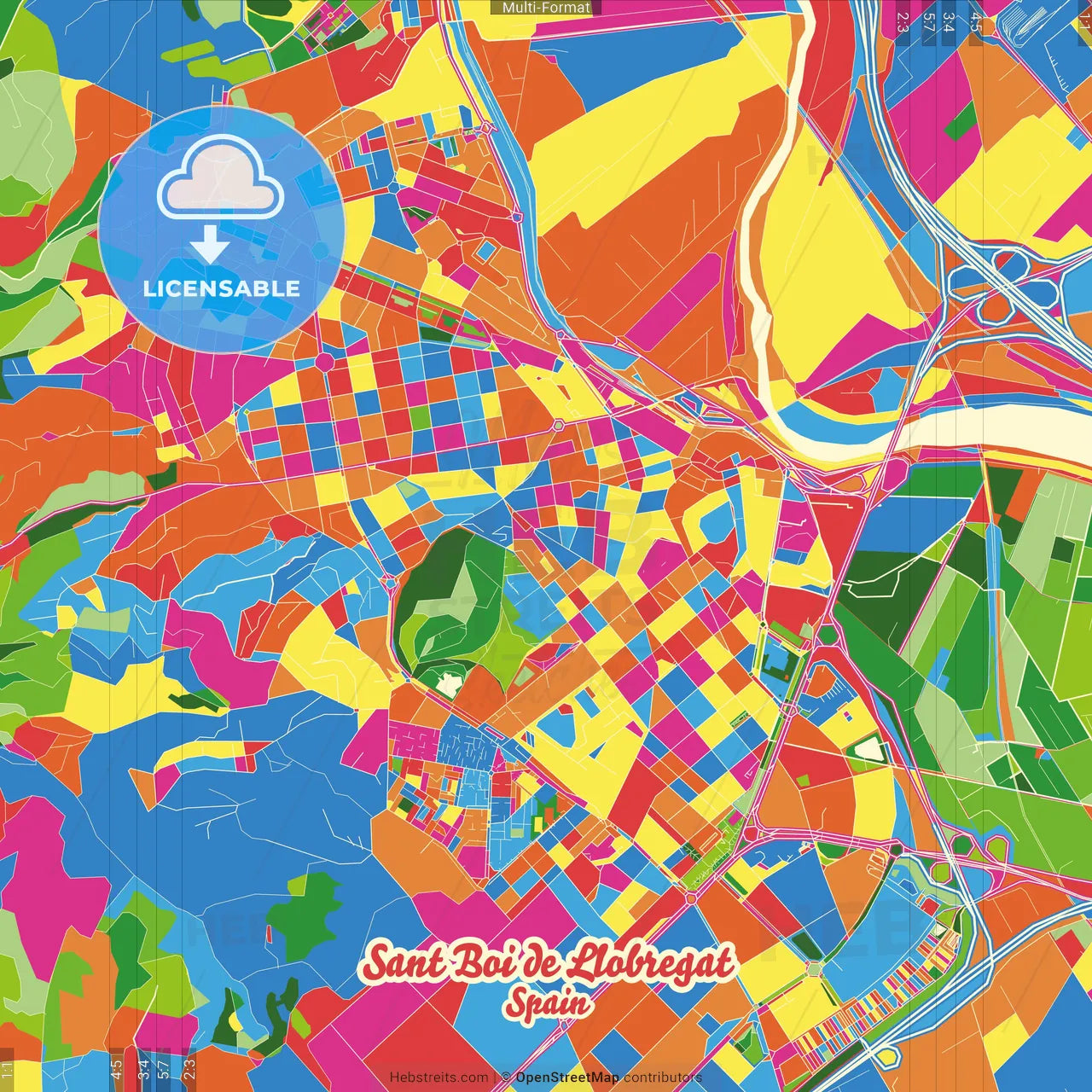 Sant Boi de Llobregat, Barcelona, Spain Crazy Colorful Street Map Poster Template