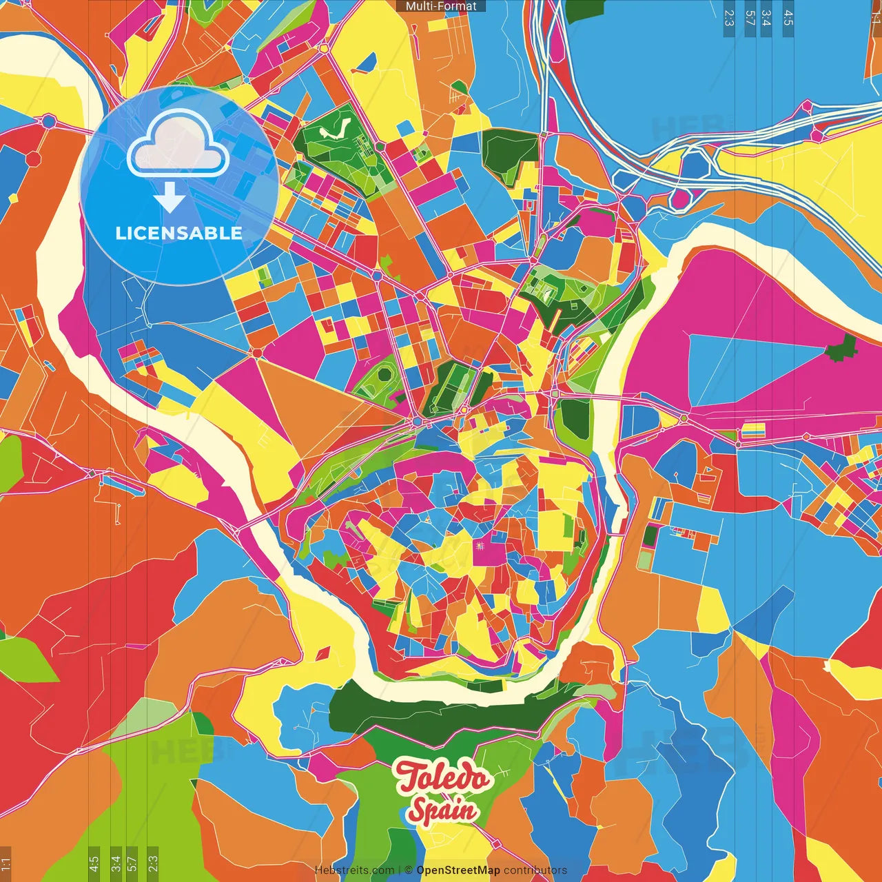 Toledo, Spain Crazy Colorful Street Map Poster Template