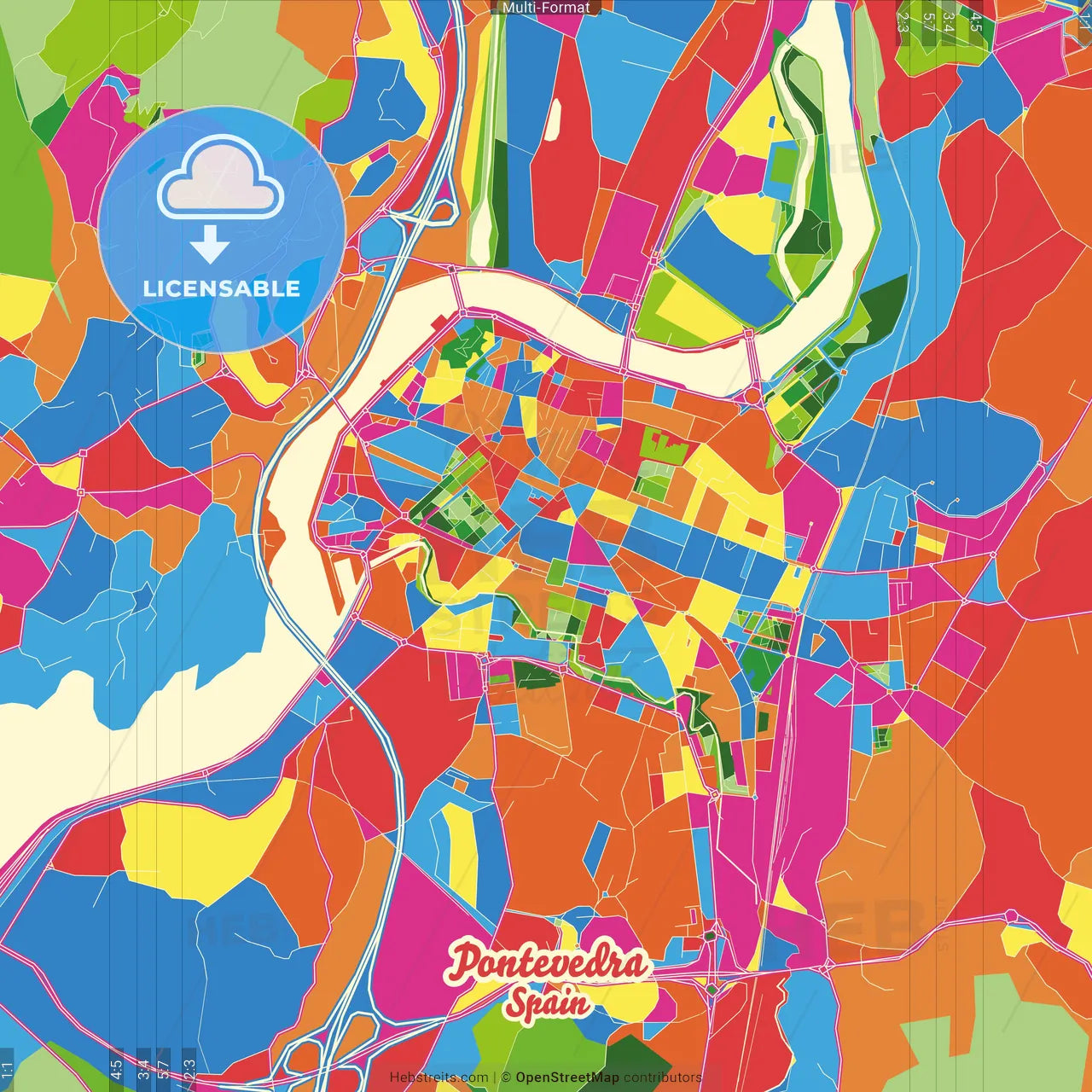 Pontevedra, Spain Crazy Colorful Street Map Poster Template