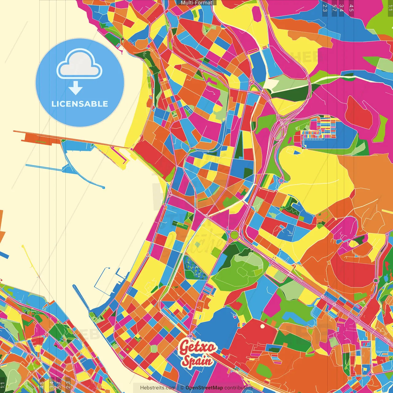 Getxo, Bizkaia, Spain Crazy Colorful Street Map Poster Template