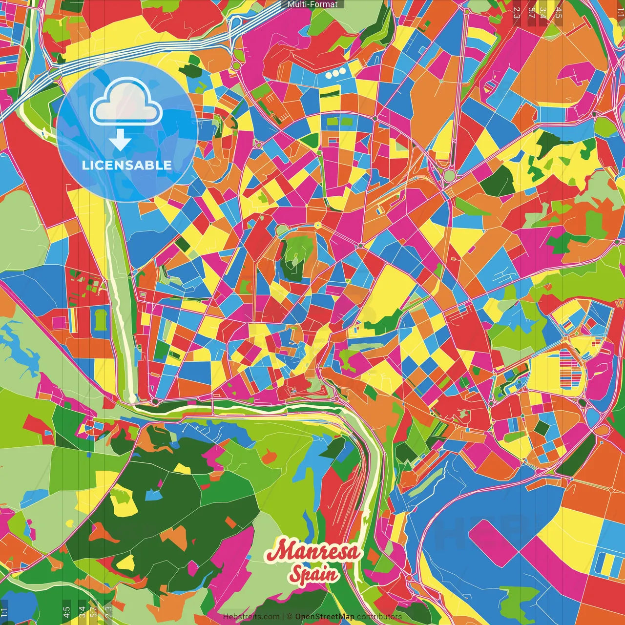 Manresa, Barcelona, Spain Crazy Colorful Street Map Poster Template