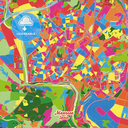Manresa, Barcelona, Spain Crazy Colorful Street Map Poster Template