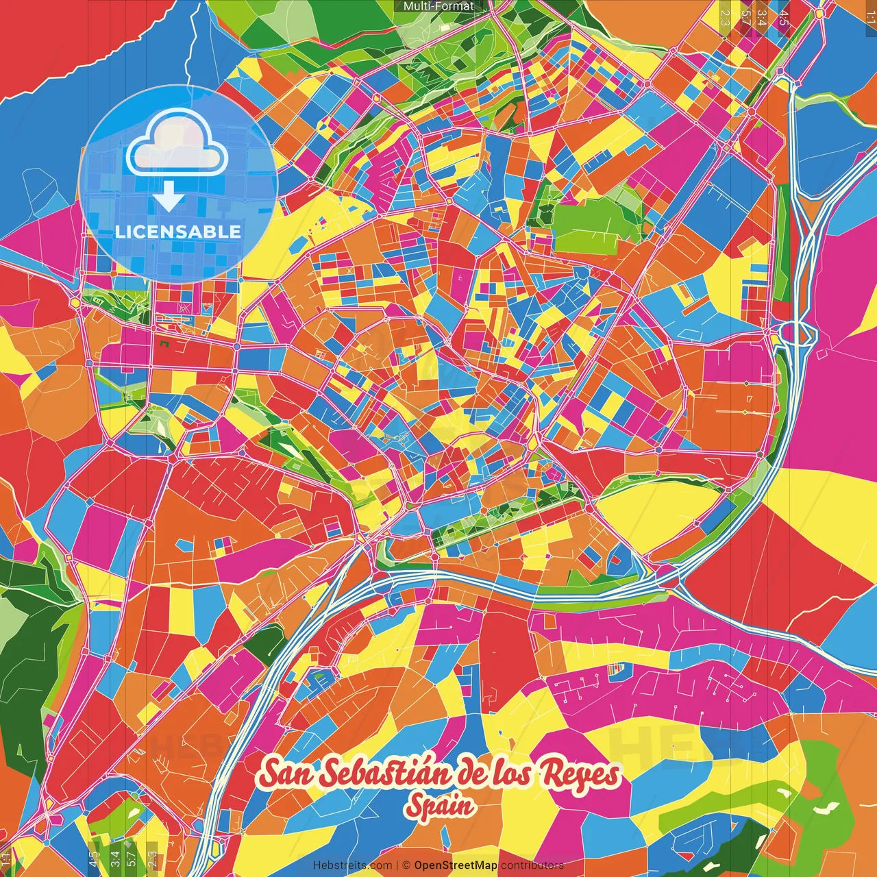 San Sebastián de los Reyes, Madrid, Spain Crazy Colorful Street Map Poster Template