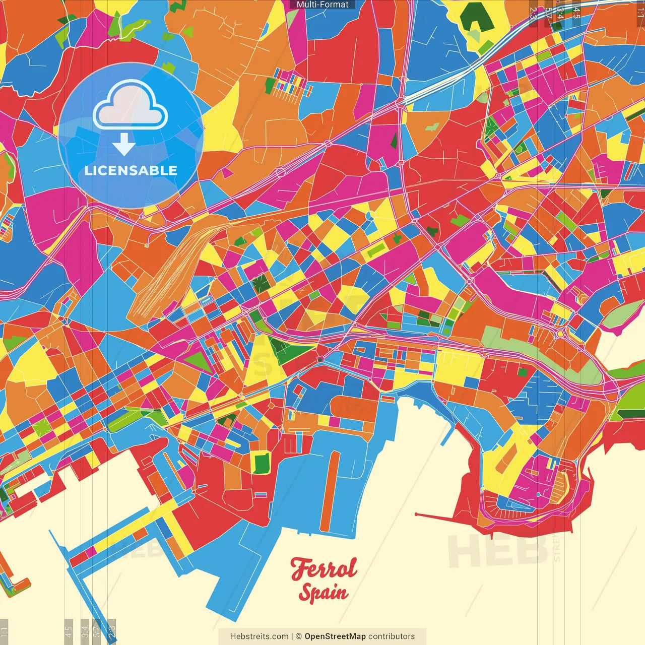 Ferrol, A Coruña, Spain Crazy Colorful Street Map Poster Template