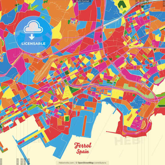 Ferrol, A Coruña, Spain Crazy Colorful Street Map Poster Template