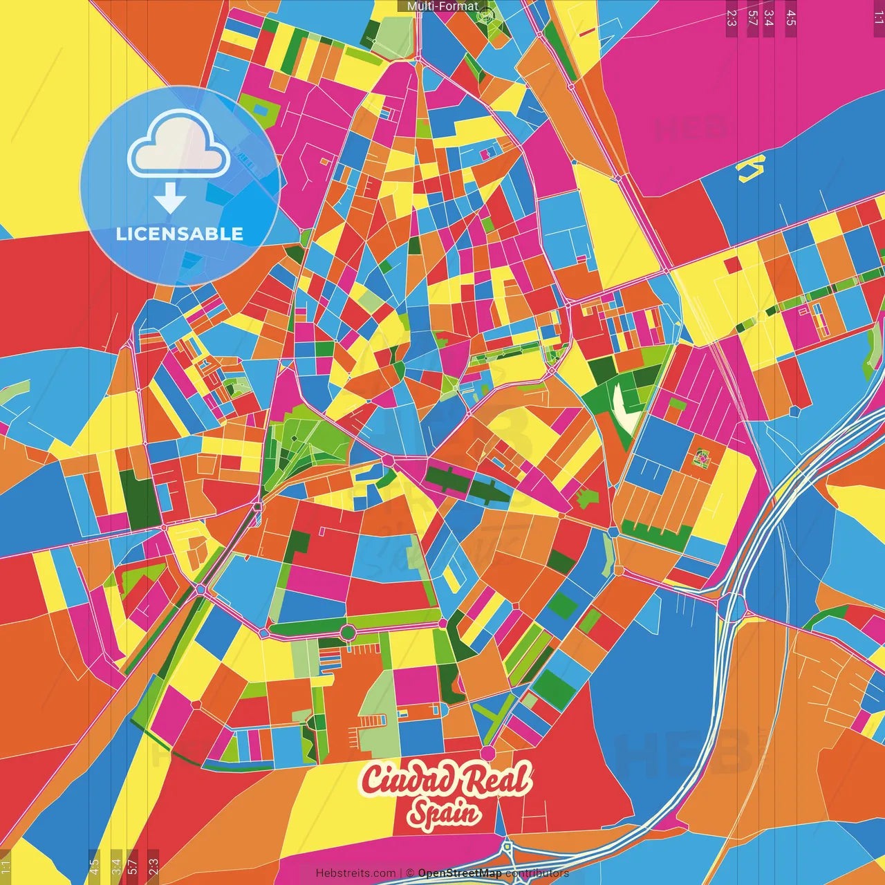 Ciudad Real, Spain Crazy Colorful Street Map Poster Template