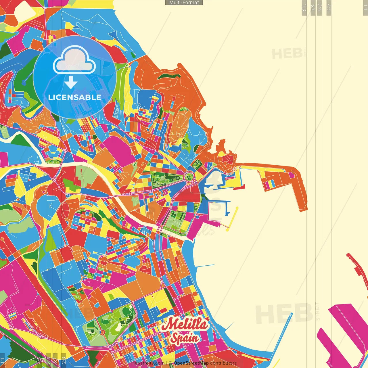 Melilla, Spain Crazy Colorful Street Map Poster Template
