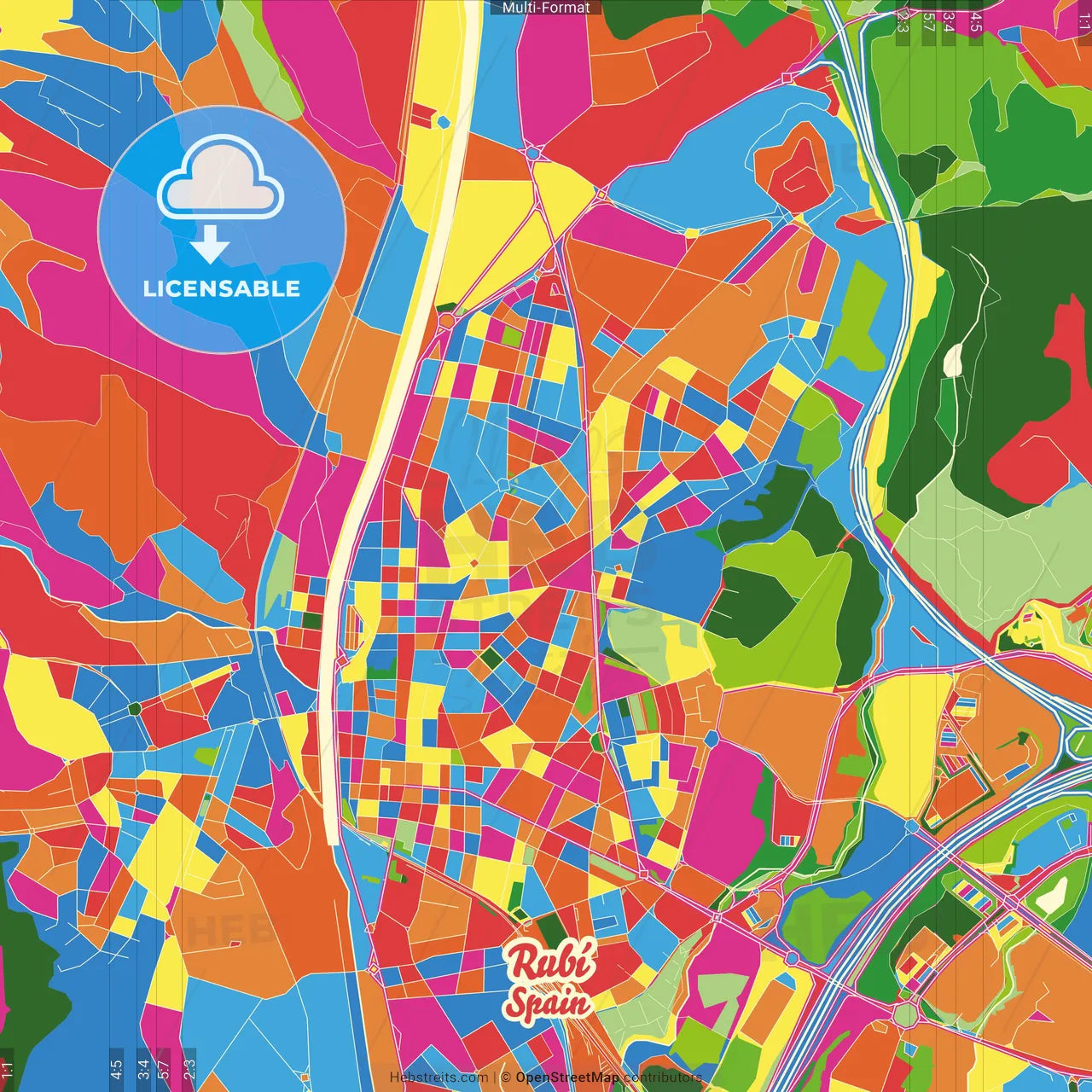 Rubí, Barcelona, Spain Crazy Colorful Street Map Poster Template