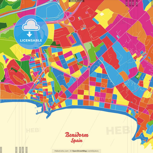 Benidorm, Alicante, Spain Crazy Colorful Street Map Poster Template