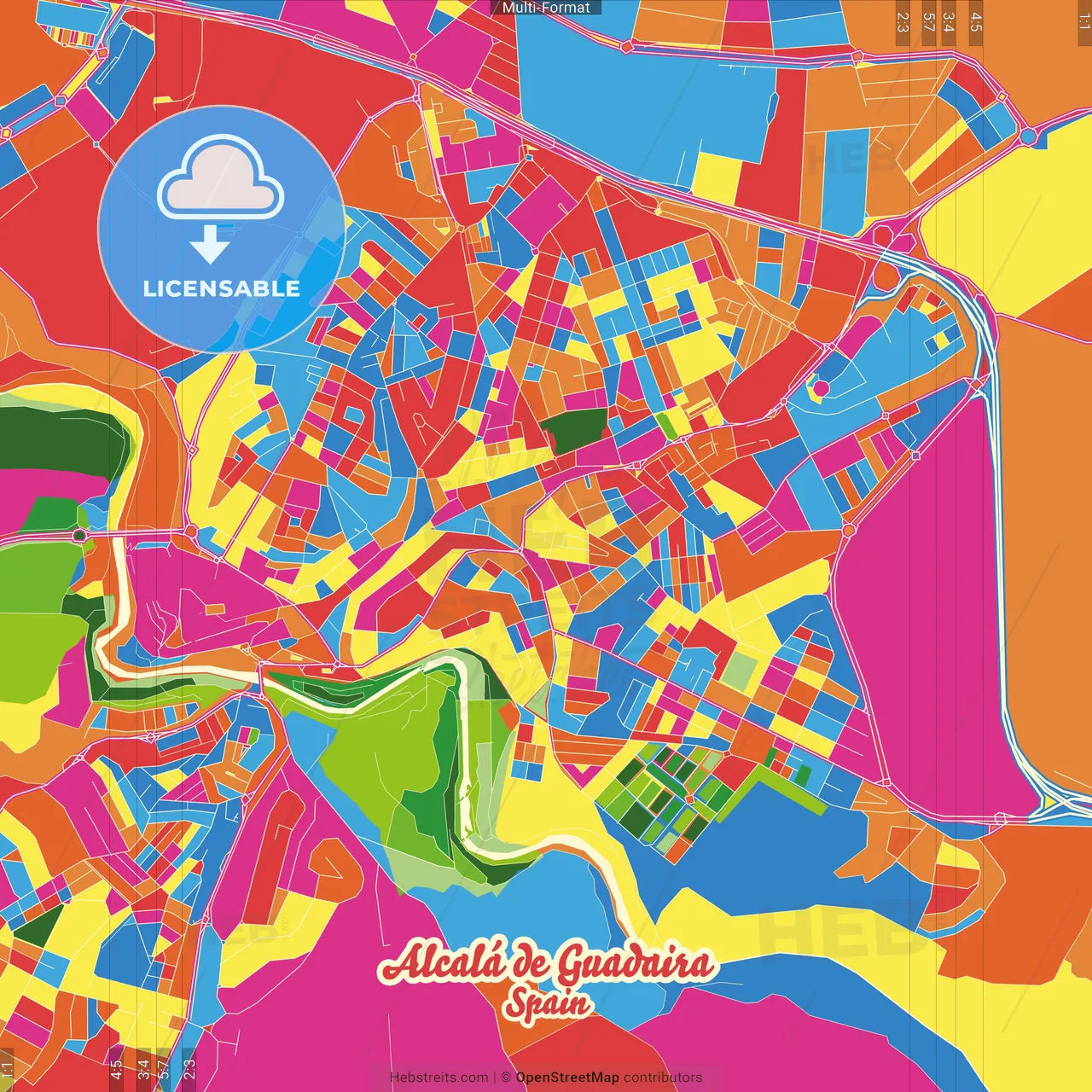 Alcalá de Guadaira, Seville, Spain Crazy Colorful Street Map Poster Template