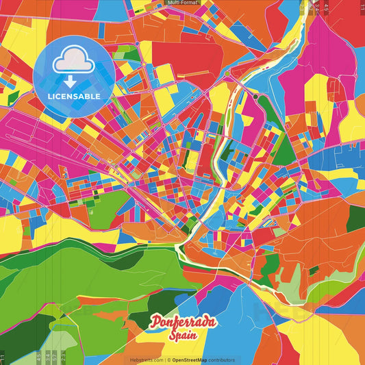 Ponferrada, León, Spain Crazy Colorful Street Map Poster Template