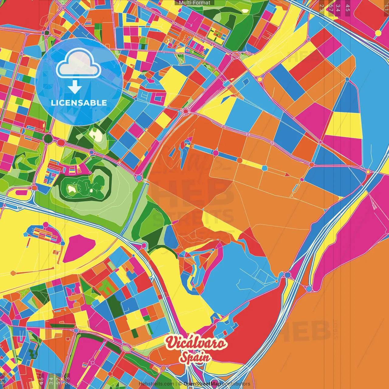 Vicálvaro, Madrid, Spain Crazy Colorful Street Map Poster Template