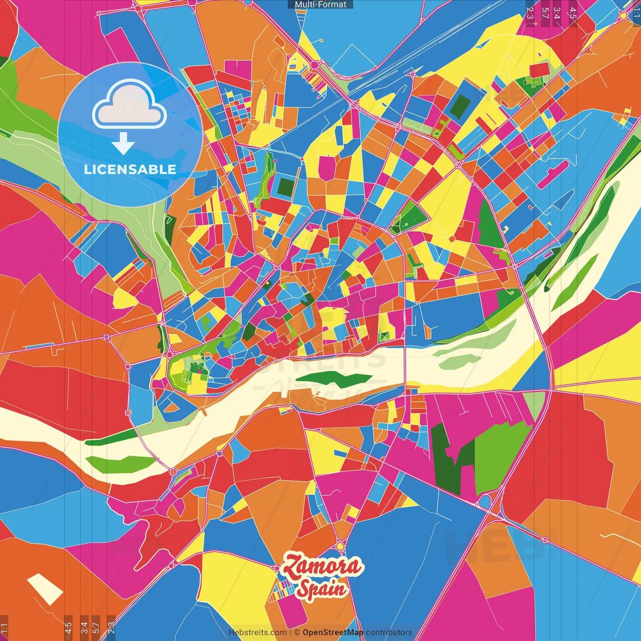 Zamora, Spain Crazy Colorful Street Map Poster Template
