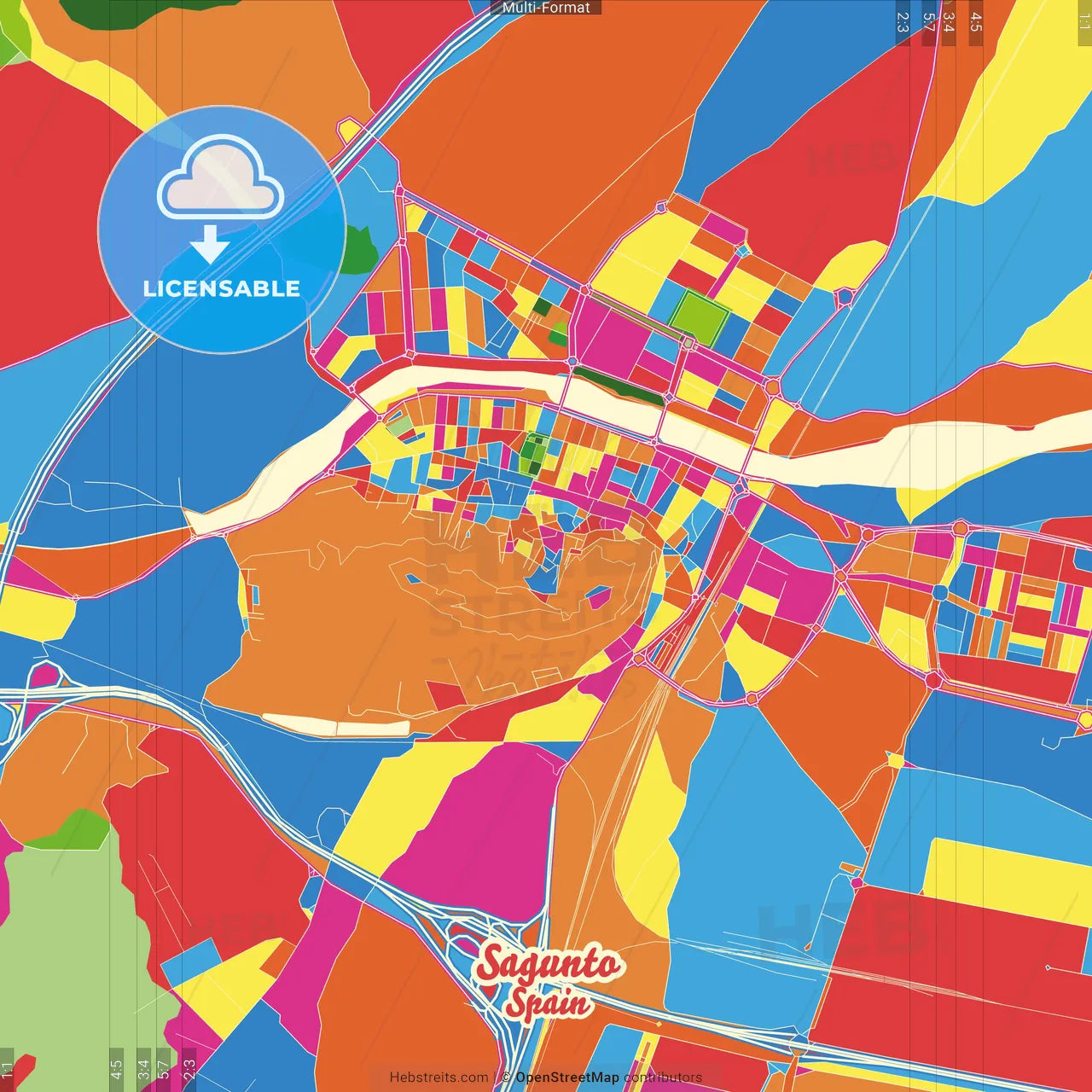 Sagunto, Valencia, Spain Crazy Colorful Street Map Poster Template