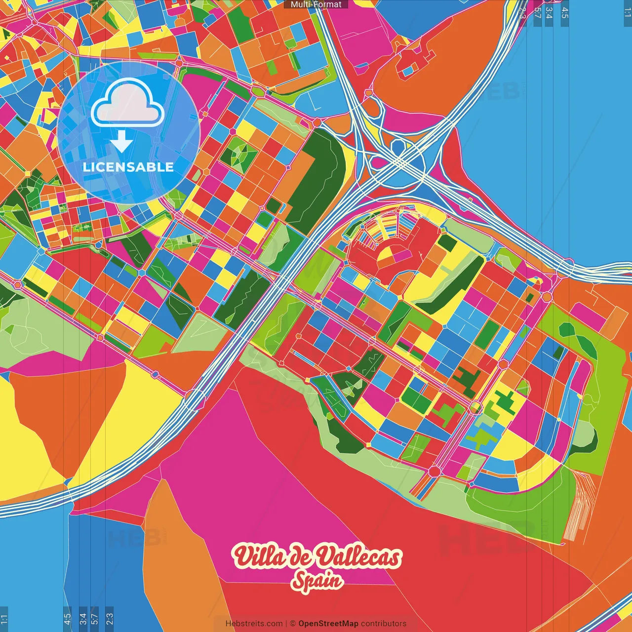 Villa de Vallecas, Madrid, Spain Crazy Colorful Street Map Poster Template