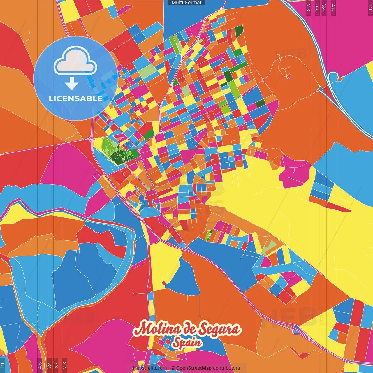 Molina de Segura, Murcia, Spain Crazy Colorful Street Map Poster Template