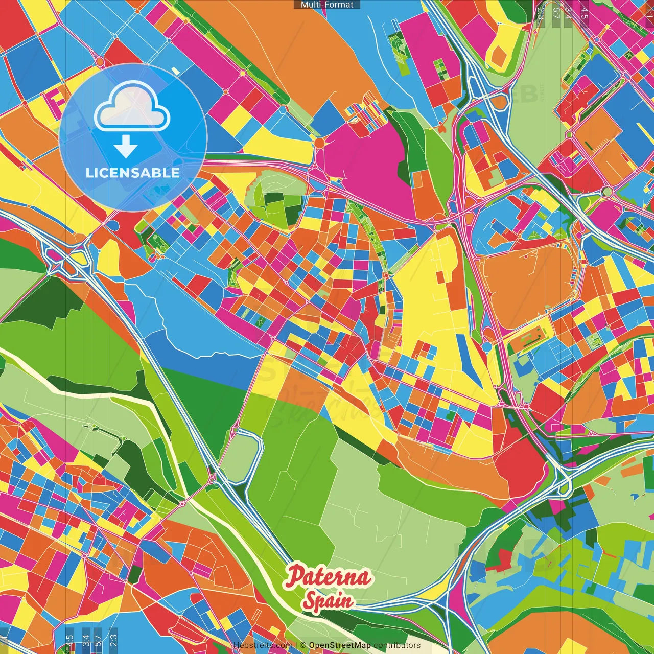 Paterna, Valencia, Spain Crazy Colorful Street Map Poster Template