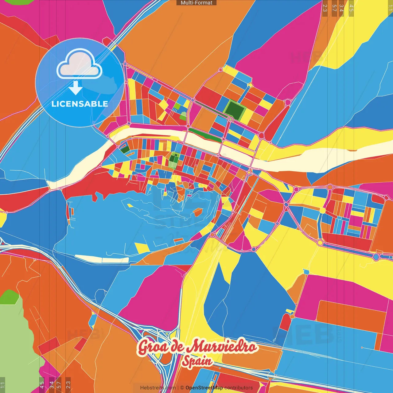 Groa de Murviedro, Valencia, Spain Crazy Colorful Street Map Poster Template