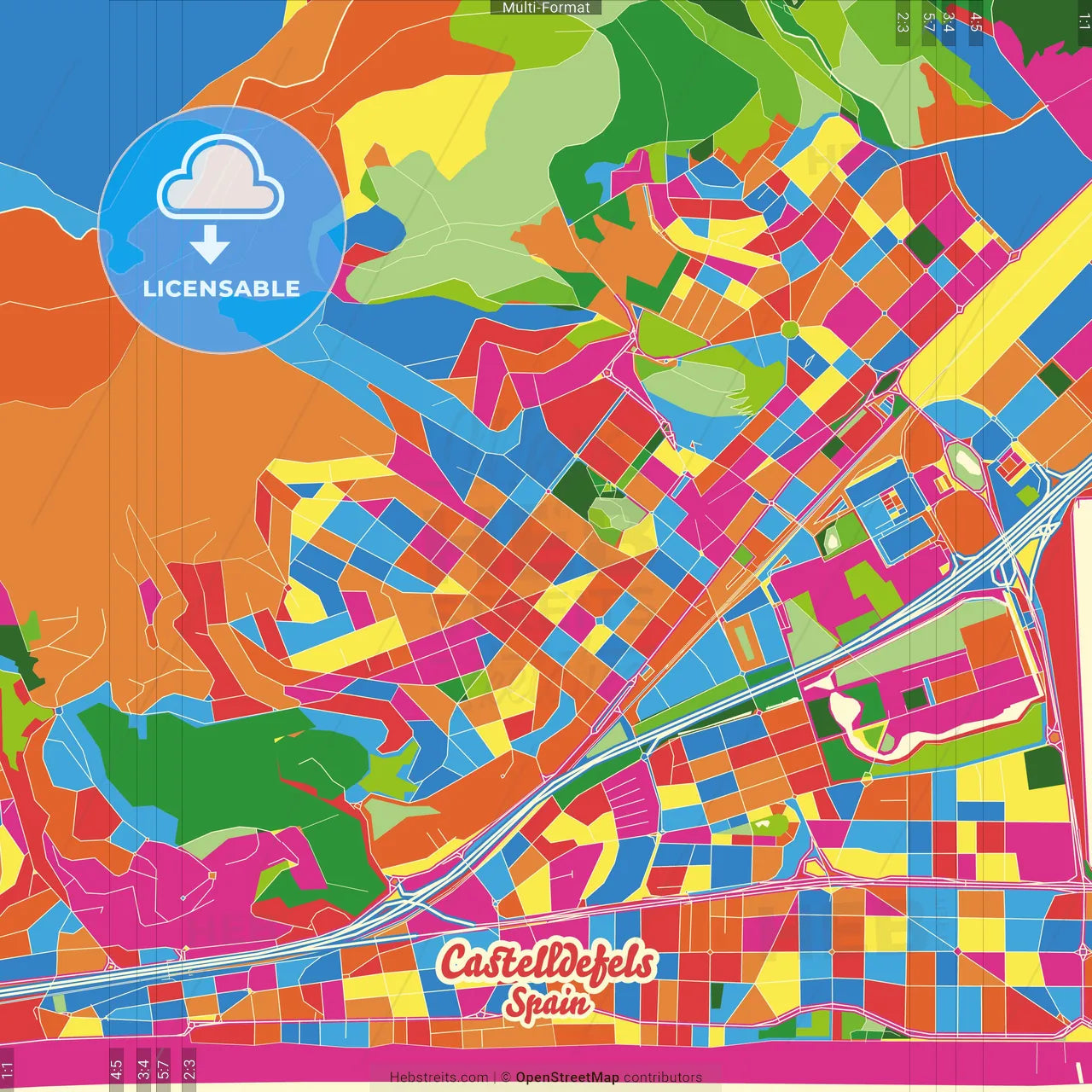 Castelldefels, Barcelona, Spain Crazy Colorful Street Map Poster Template
